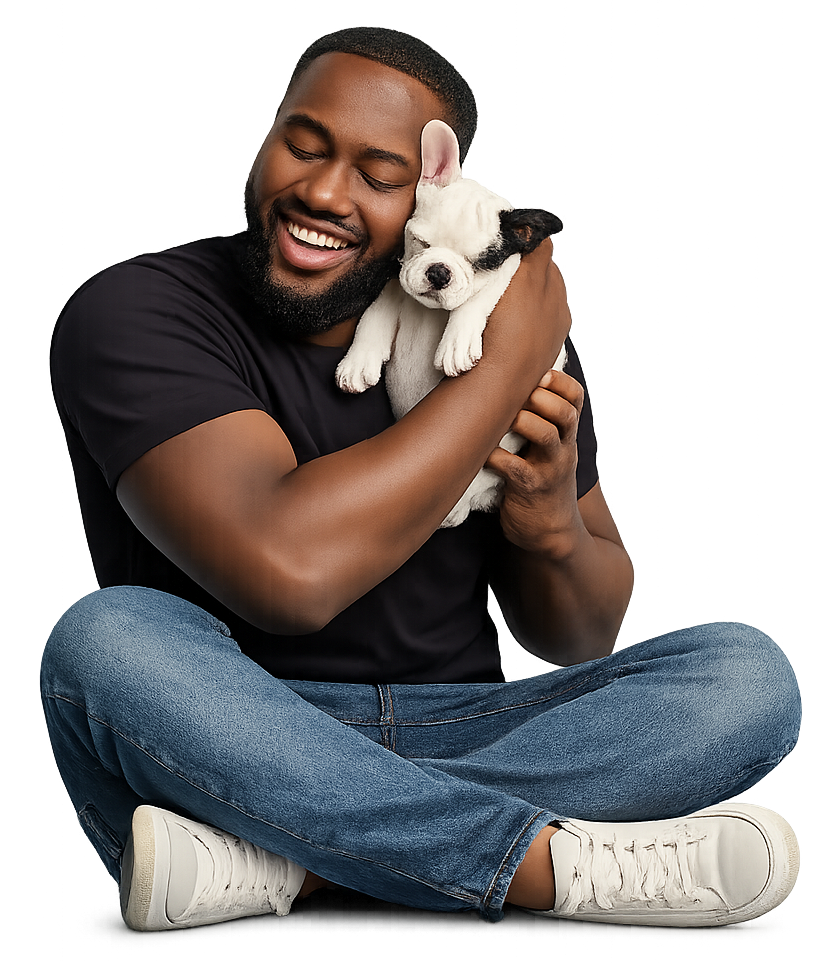 Man holding puppy with loving expression, representing trusted puppy buyers and real success stories on Pick My Pup | Pick My Pup