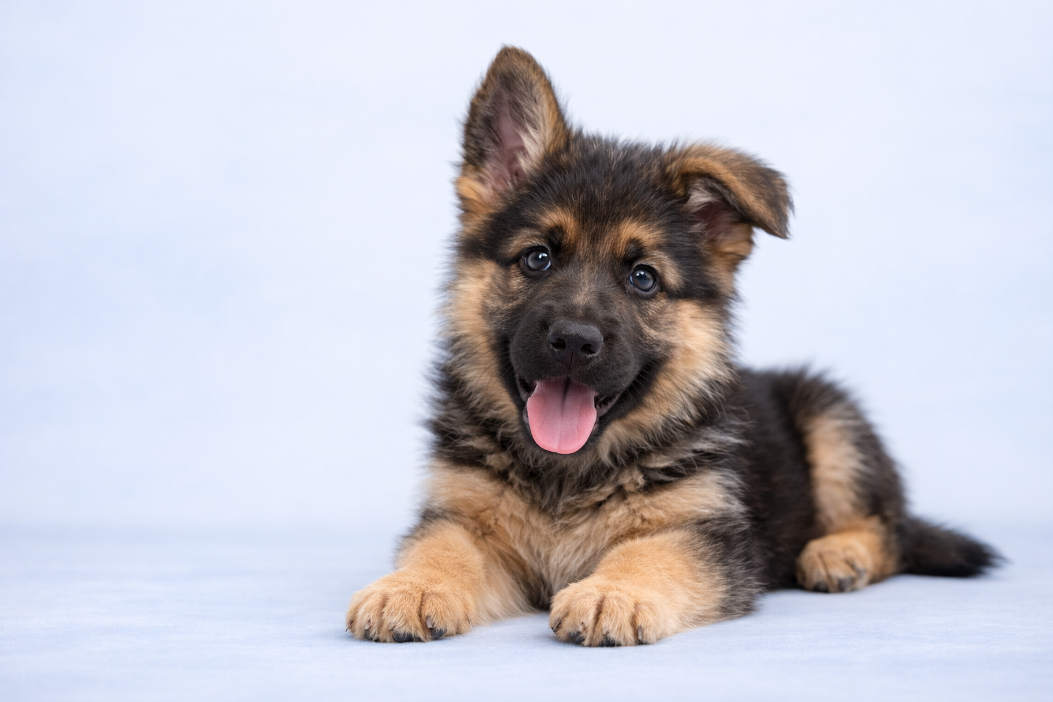 Adorable German Shepherd puppy on a soft blue background, browse puppies for sale, healthy puppies from trusted breeders, find your perfect puppy online | Pick My Pup