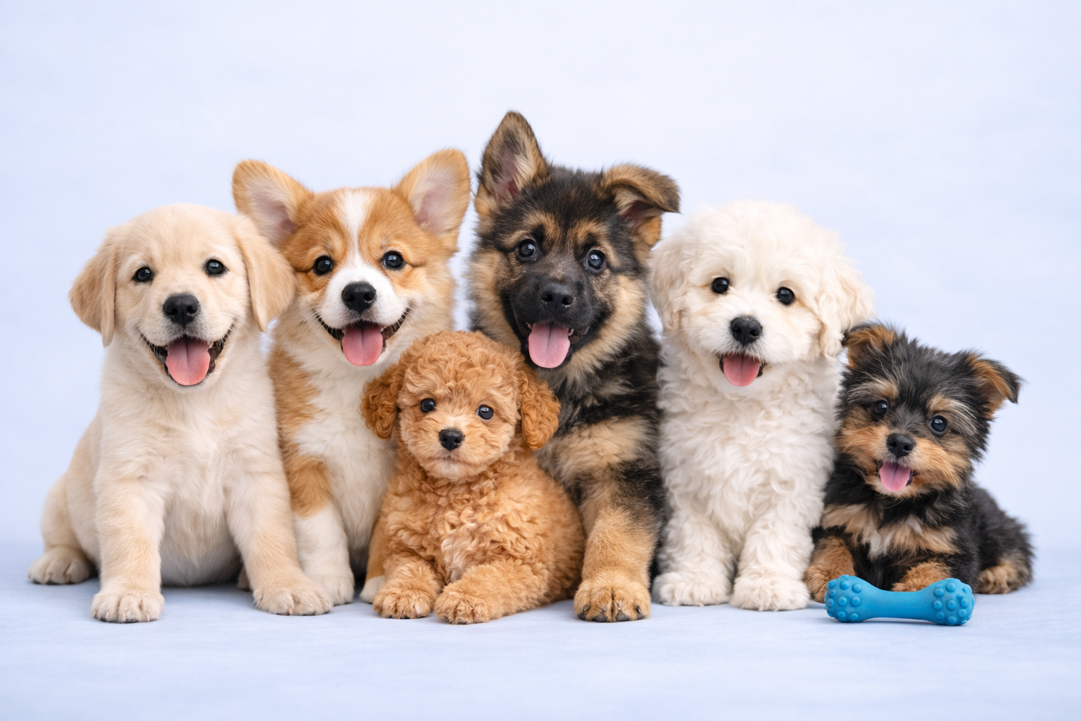Purebred puppies on a soft blue background for shop puppies by breed, browse dog breeds, compare puppy breeds, find the right breed for your family | Pick My Pup
