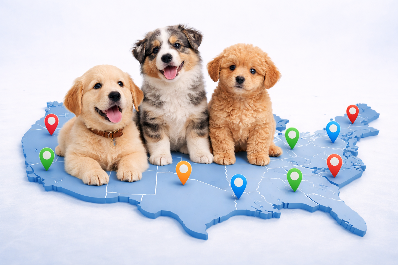 Puppies by state on a U.S. map with location pins, browse local puppies for sale by state and connect with trusted breeders near you | Pick My Pup